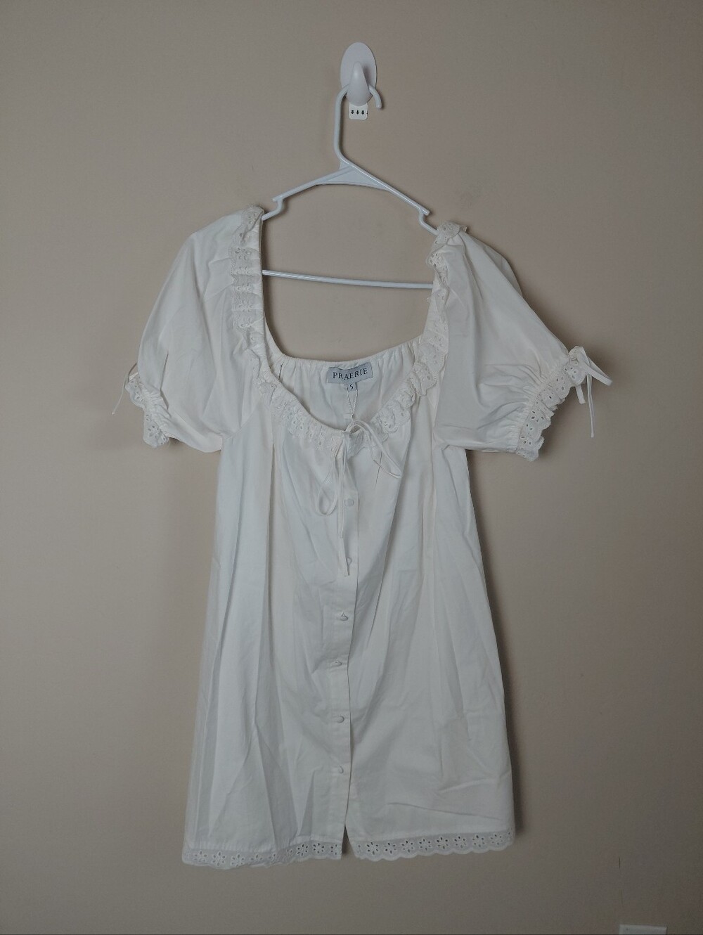 Praerie White Cottagecore Mini Poplin Dress Puff Sleeves Adjustable